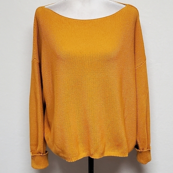 FRENCH Connection Mustard Yellow Waffle Knit Oversized Boatneck Cropped Sweater - Picture 3 of 13
